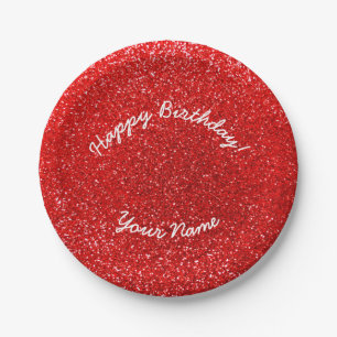 Happy Birthday Neon Red Glitzer Pappteller