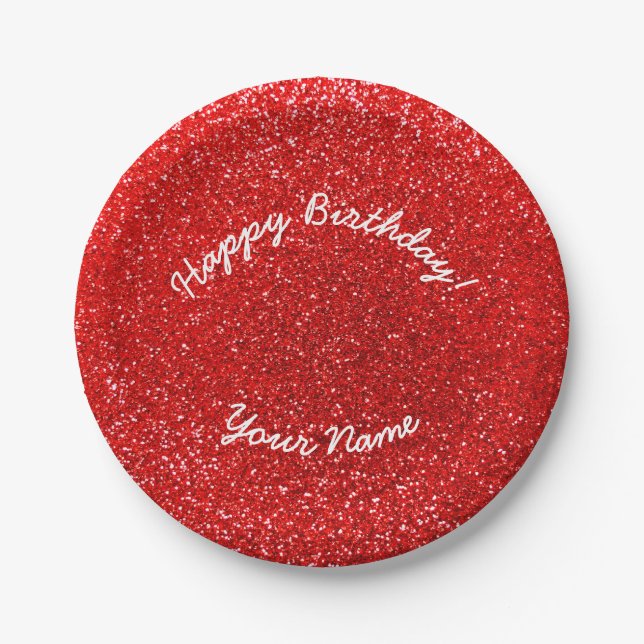 Happy Birthday Neon Red Glitzer Pappteller (Vorderseite)