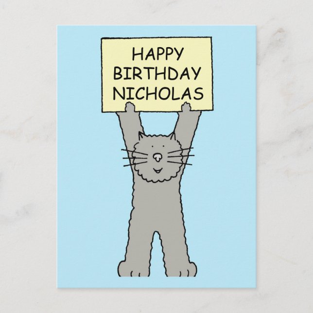 Happy Birthday Nicholas Cartoon Cat Postkarte (Vorderseite)