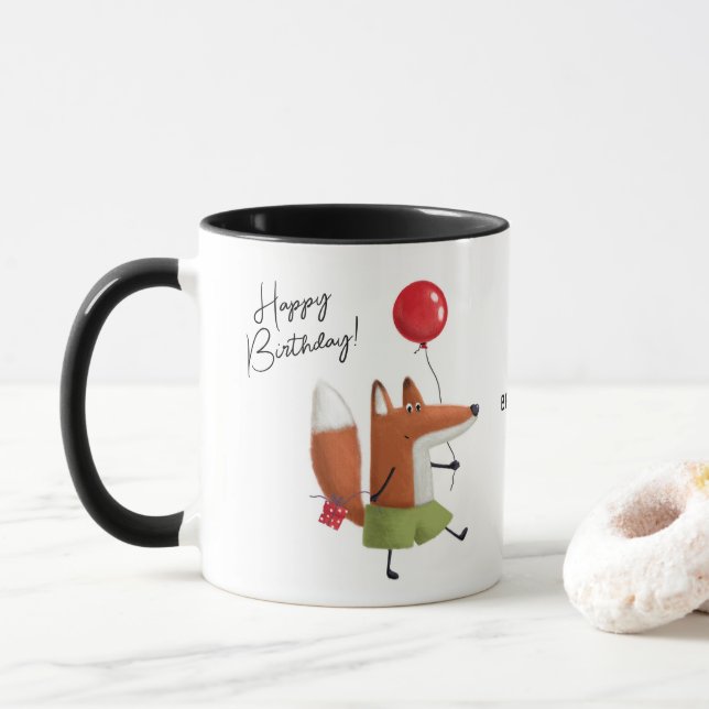 Happy Birthday Niedlich Balloon Fox Personalisiert Tasse (Mit Donut)