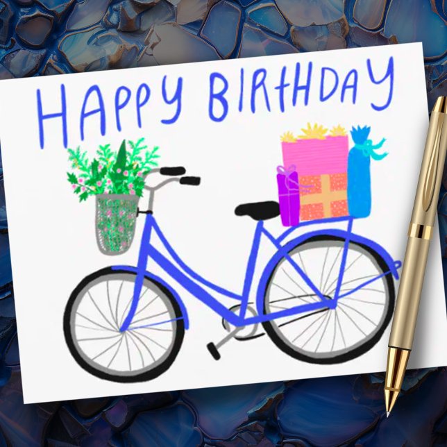 HAPPY BIRTHDAY Niedlich Blue Bicycle Custom Postkarte (Custom happy birthday postcard with a cute blue bicycle design)
