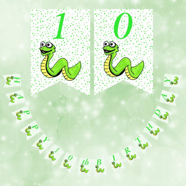 Happy Birthday Niedlich Cartoon Green Snake Polka  Wimpelkette (Kids Happy Birthday party banner cute smiling green snake green polka dots on white.)