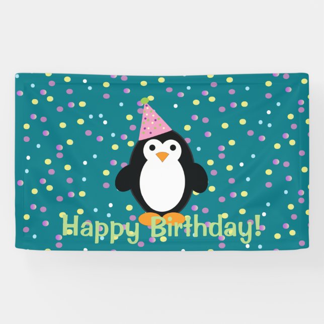 Happy Birthday Niedlich Cartoon Party Pinguin Banner (Horizontal)