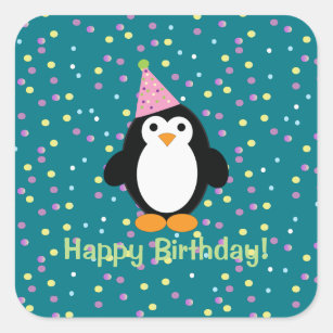 Happy Birthday Niedlich Cartoon Party Pinguin Quadratischer Aufkleber