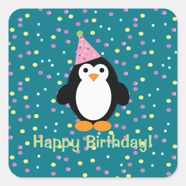 Happy Birthday Niedlich Cartoon Party Pinguin Quadratischer Aufkleber (Vorderseite)
