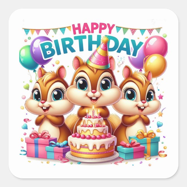 Happy Birthday Niedlich Chipmunks feiern Quadratischer Aufkleber (Vorderseite)