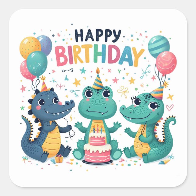 Happy Birthday Niedlich Crocodiles feiern Quadratischer Aufkleber (Vorderseite)