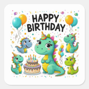 Happy Birthday Niedlich Dinosaurier feiern Quadratischer Aufkleber
