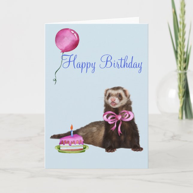 Happy Birthday Niedlich Ferret Cake Ballon Karte (Vorderseite)