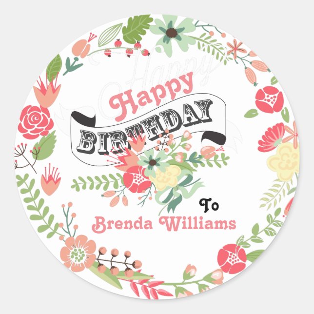 Happy Birthday Niedlich Floral Wreath Runder Aufkleber (Vorderseite)