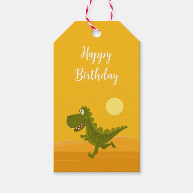 Happy Birthday Niedlich Funny Running Dino Dinosau Geschenkanhänger (Vorderseite)
