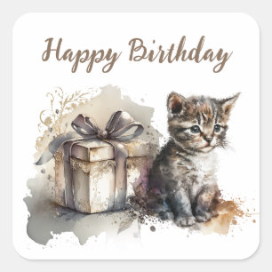Happy Birthday Niedlich Grau Kitten und Geschenk Quadratischer Aufkleber
