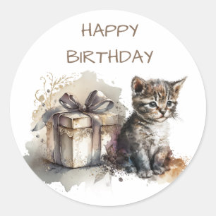 Happy Birthday   Niedlich Grau Kitten und Geschenk Runder Aufkleber