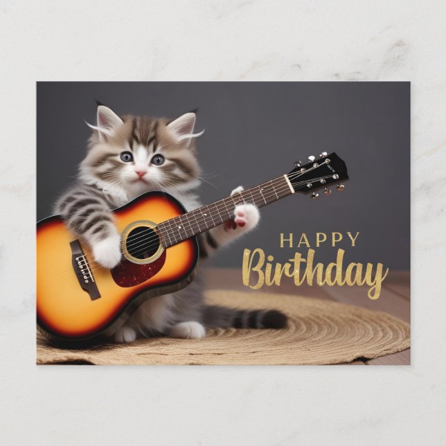 Happy Birthday Niedlich Kitten spielen Gitarre Postkarte (Vorderseite)