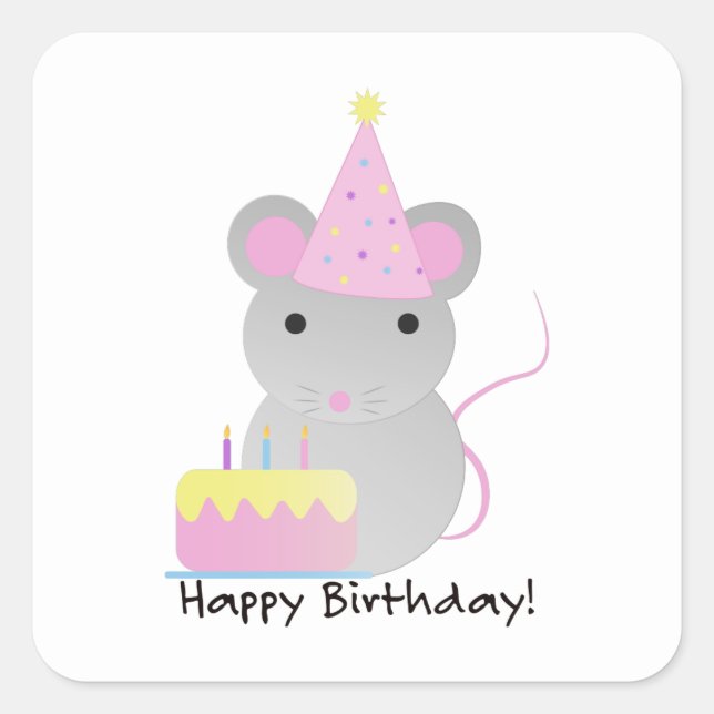 Happy Birthday Niedlich Party Mouse Quadratischer Aufkleber (Vorderseite)