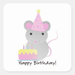 Happy Birthday Niedlich Party Mouse Quadratischer Aufkleber