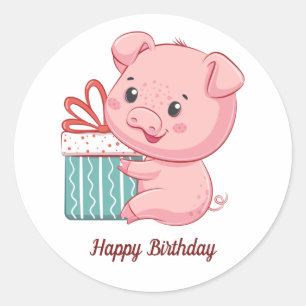 Happy Birthday Niedlich Pink Piglet mit Geschenkbo Runder Aufkleber