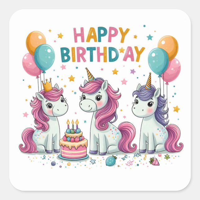 Happy Birthday Niedlich Unicorns feiern Quadratischer Aufkleber (Vorderseite)