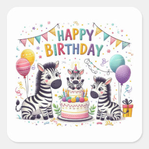 Happy Birthday Niedlich Zebras Celebrating Quadratischer Aufkleber