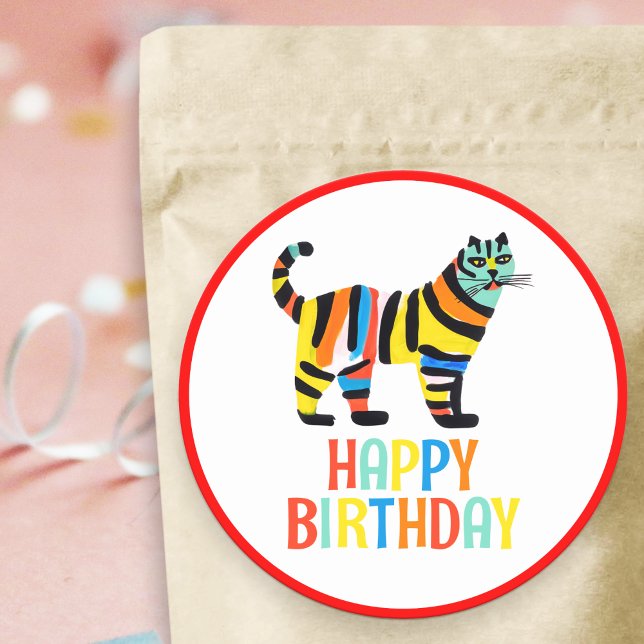 Happy Birthday Niedliche Tigerkatze Runder Aufkleber (Von Creator hochgeladen)