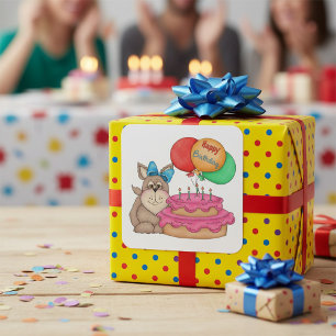 Happy Birthday Niedliche Welpe mit Balloons und Ku Quadratischer Aufkleber