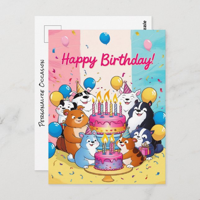 Happy Birthday Niedlichen Cartoon Tiere Geburtstag Postkarte (Vorne/Hinten)