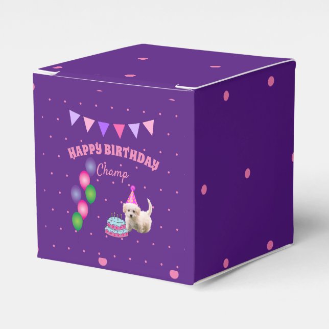 Happy Birthday niedlicher Hund mit Kuchen Polka Pu Geschenkschachtel (Vorderseite)