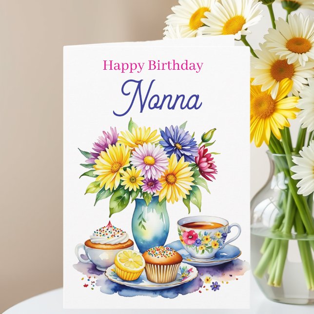 Happy Birthday Nonna | Flowers and Cupcakes Karte (Von Creator hochgeladen)