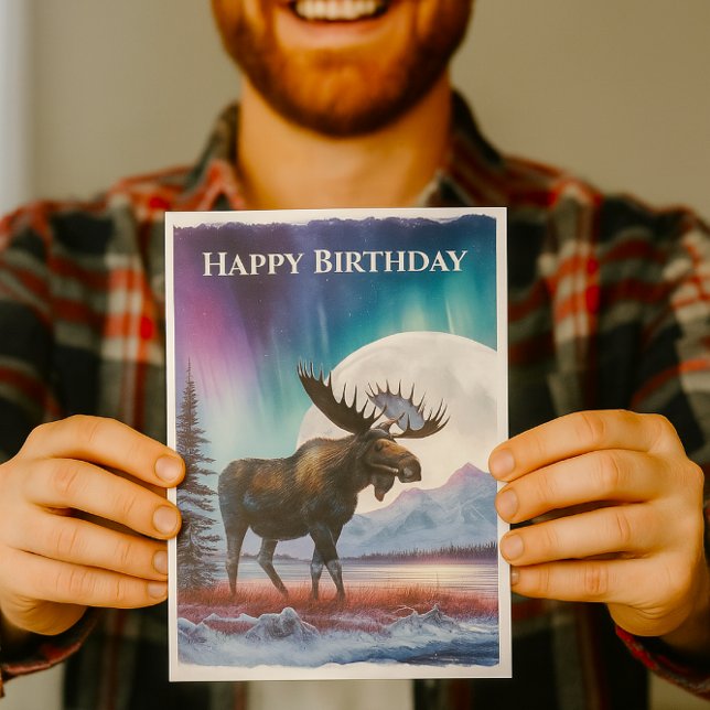 Happy Birthday Northern Lights Alaska Moose Karte (Watercolor Wildlife Bull Moose Birthday Card for him )