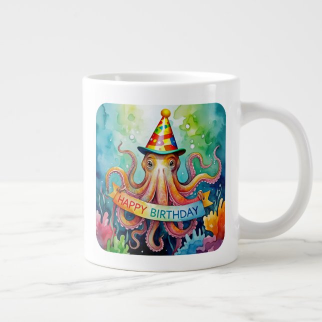 Happy Birthday Octopus Party Hat Watercolor Design Jumbo-Tasse (Rechts)
