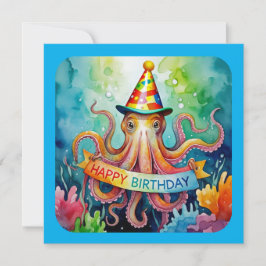 Happy Birthday Octopus Party Hat Watercolor Design Karte
