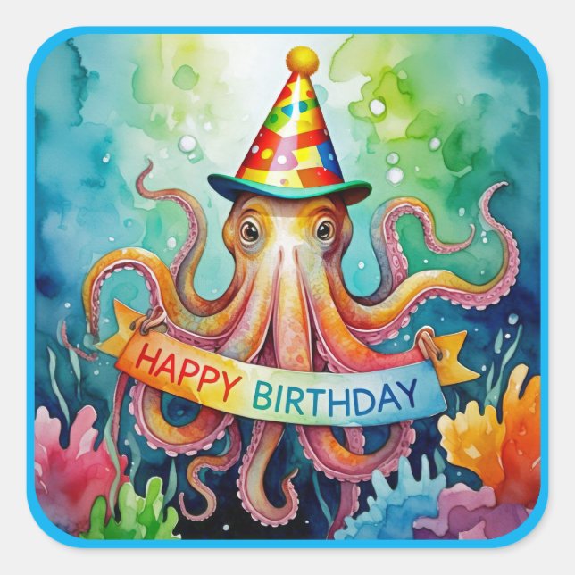 Happy Birthday Octopus Party Hat Watercolor Design Quadratischer Aufkleber (Vorderseite)