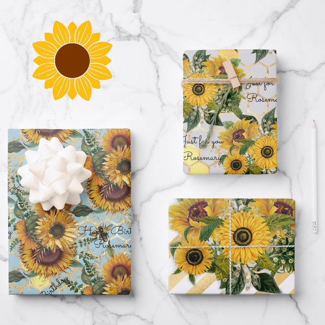 Happy Birthday oder Retirement Sonnenblume Name 3 Geschenkpapier Set (Von Creator hochgeladen)