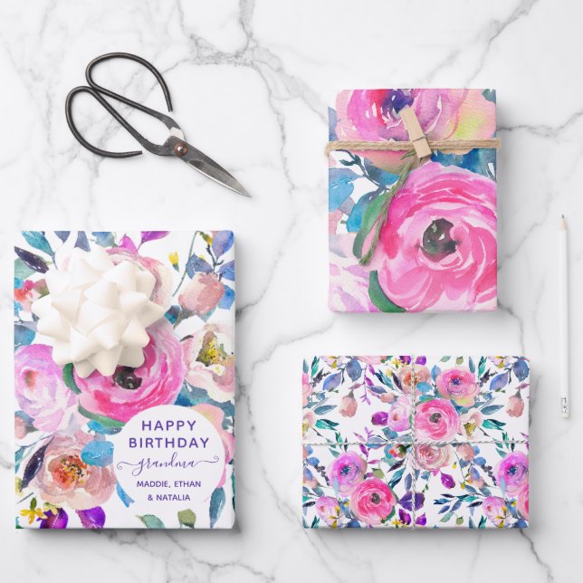Happy Birthday Oma Floral Geschenkpapier Set (Vorderseite)