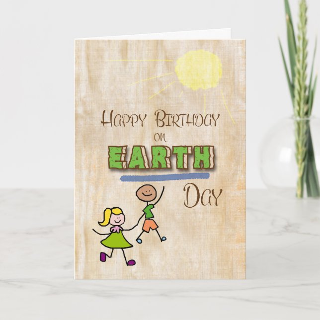 Happy Birthday on Earth Day Stick Kids Word Art Karte (Vorderseite)