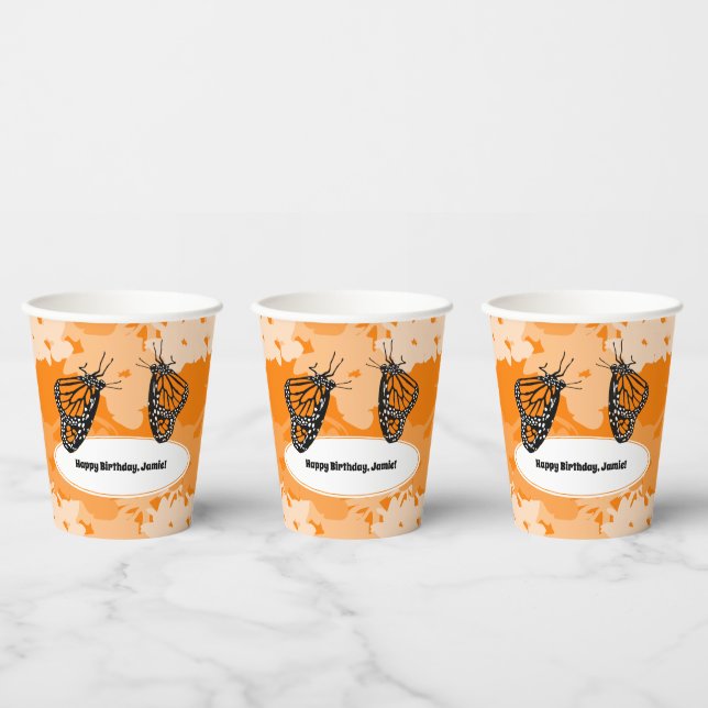 Happy Birthday Orange Monarch Butterfly Paper Cups Pappbecher (Multi)