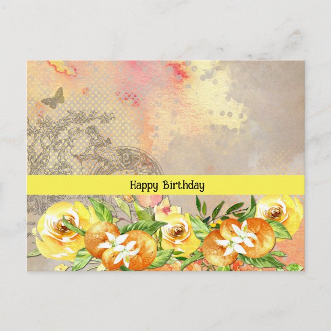 Happy Birthday Orange und Rose Postkarte (Vorderseite)