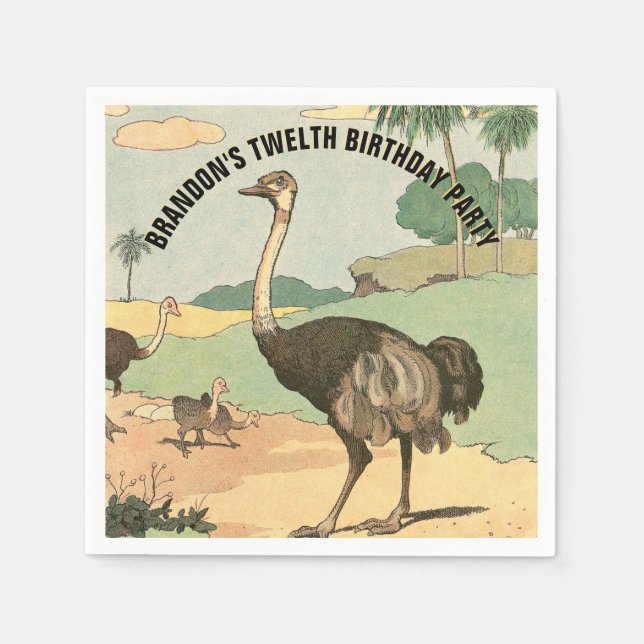 Happy Birthday Ostrich Illustriertes Party Serviette (Vorderseite)