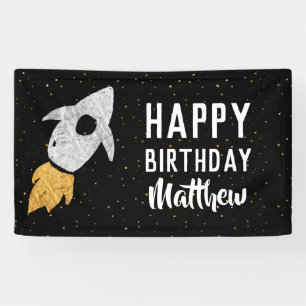Happy Birthday Outer Space Silver Gold Rocket Kids Banner