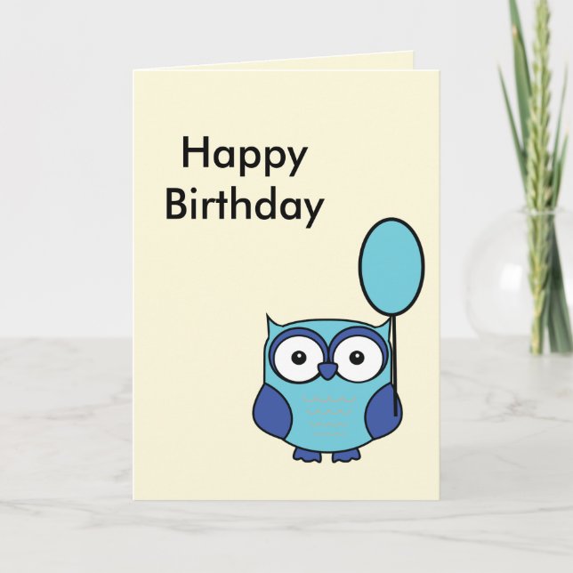 Happy Birthday Owl Blue und Aqua Karte (Vorderseite)