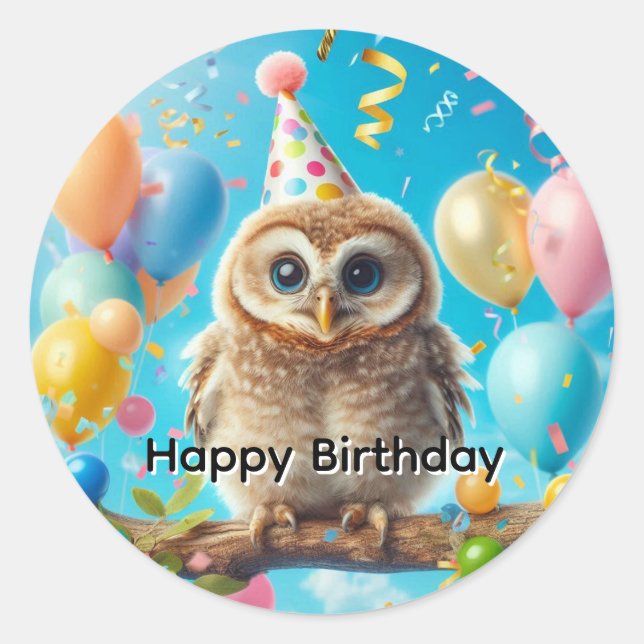 Happy Birthday Owl Runder Aufkleber (Vorderseite)