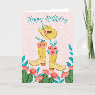 Happy Birthday Painterly Gouache Cowgirl Boots Hat Dankeskarte