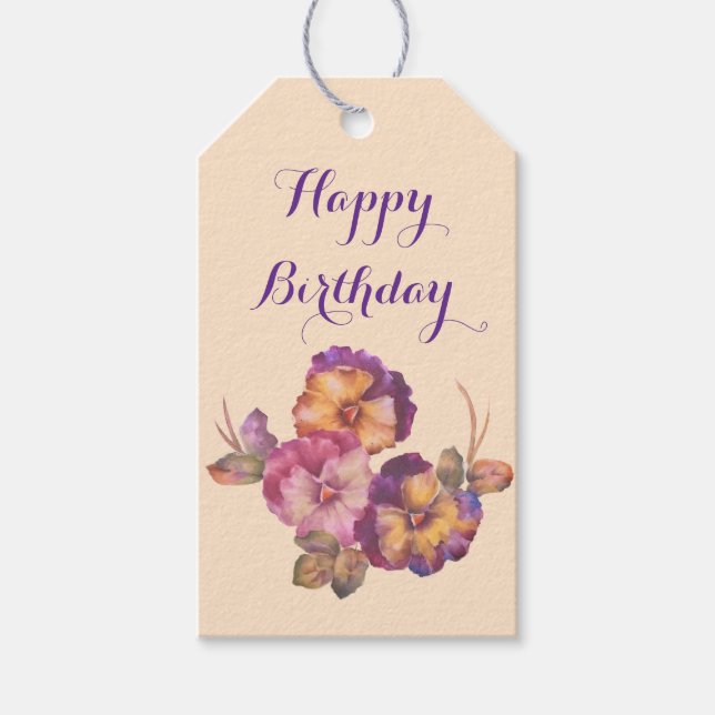 Happy Birthday Pansy Bouquet Gift Tag - Aquarell Geschenkanhänger (Vorderseite)