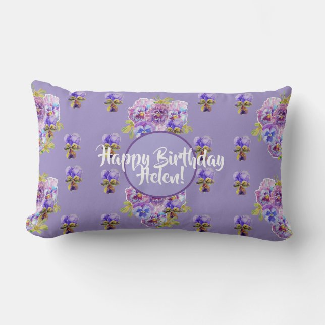 Happy Birthday Pansy floral Ladys Name Cuchion Lendenkissen (Vorderseite)