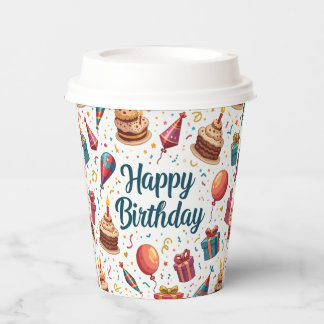 Happy Birthday Paper Cups mit Balloons und Cake Pappbecher
