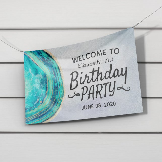 Happy Birthday Party Aquamarin Gold Agate Geode Wi Banner (Von Creator hochgeladen)