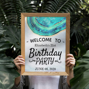 Happy Birthday Party Aquamarin Gold Agate Geode Wi Poster