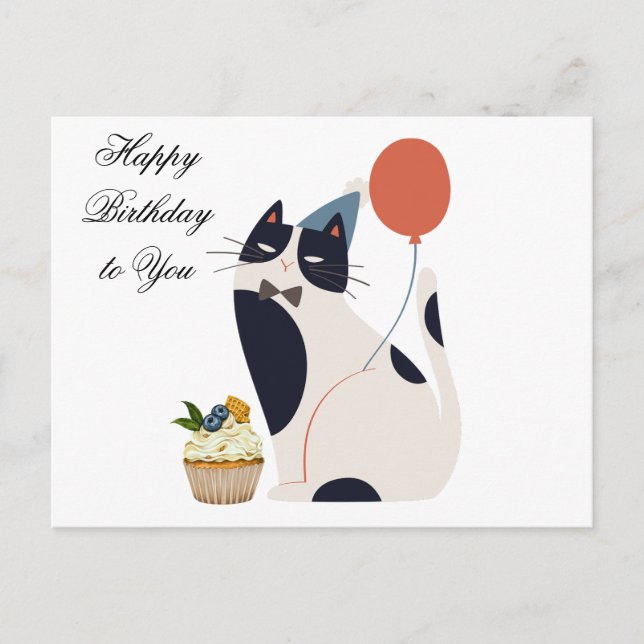 Happy Birthday Party Cat with Cupcake Postkarte (Vorderseite)