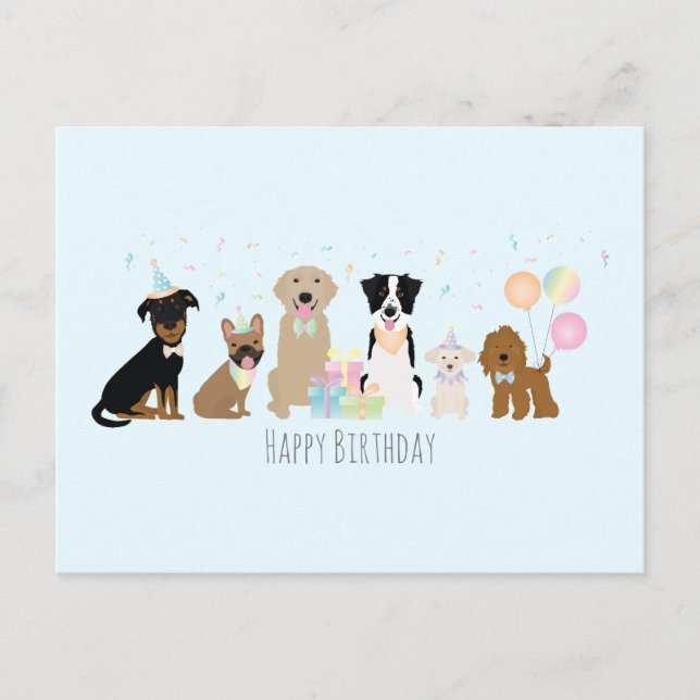 Happy Birthday Party Hunde Blue Postkarte (Vorderseite)