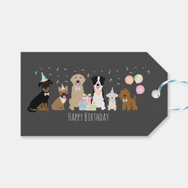 Happy Birthday Party Hunde Geschenkanhänger (Vorderseite (Horizontal))